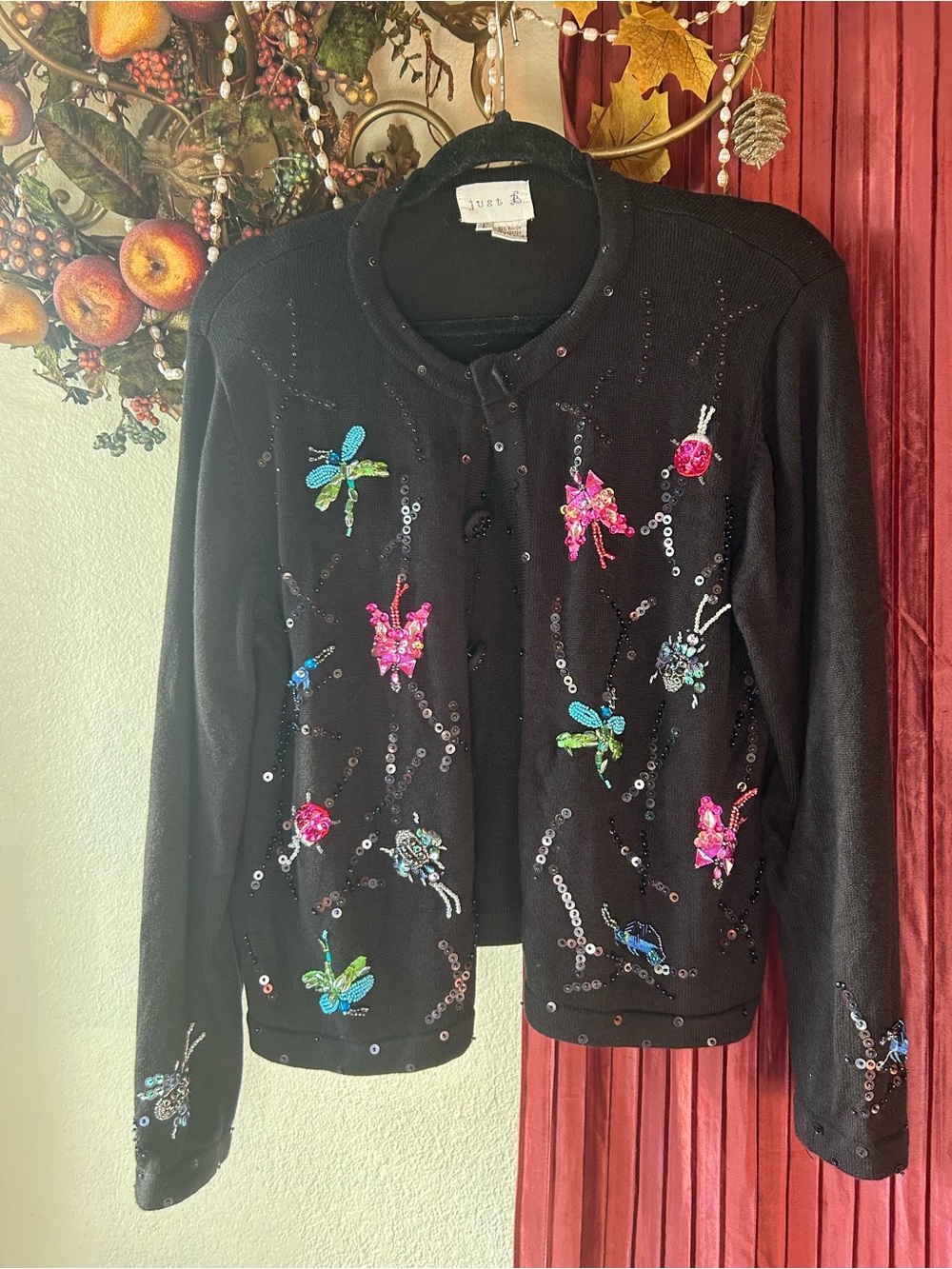Black Sequin Embellished Blazer with Colorful Appliqués by Just 3